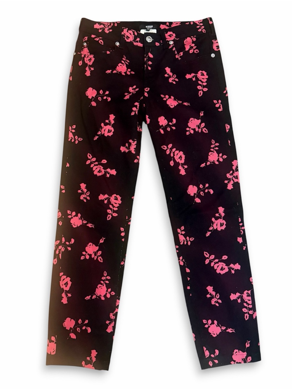 Versus Versace Pink Floral Print Black Jeans Straight Leg